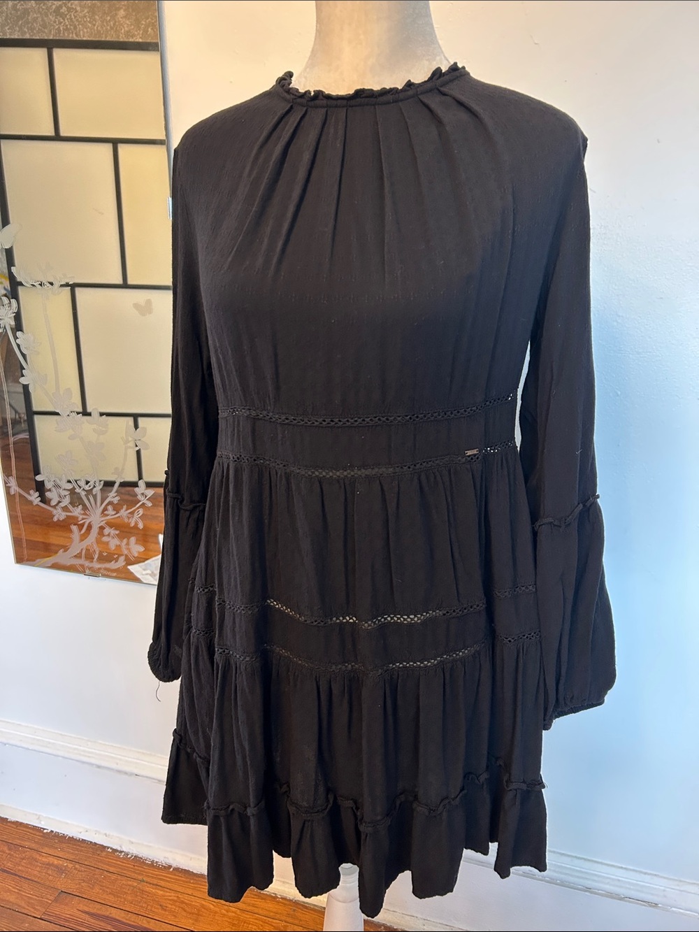 Superdry Black Long-Sleeve Tiered Mini Dress